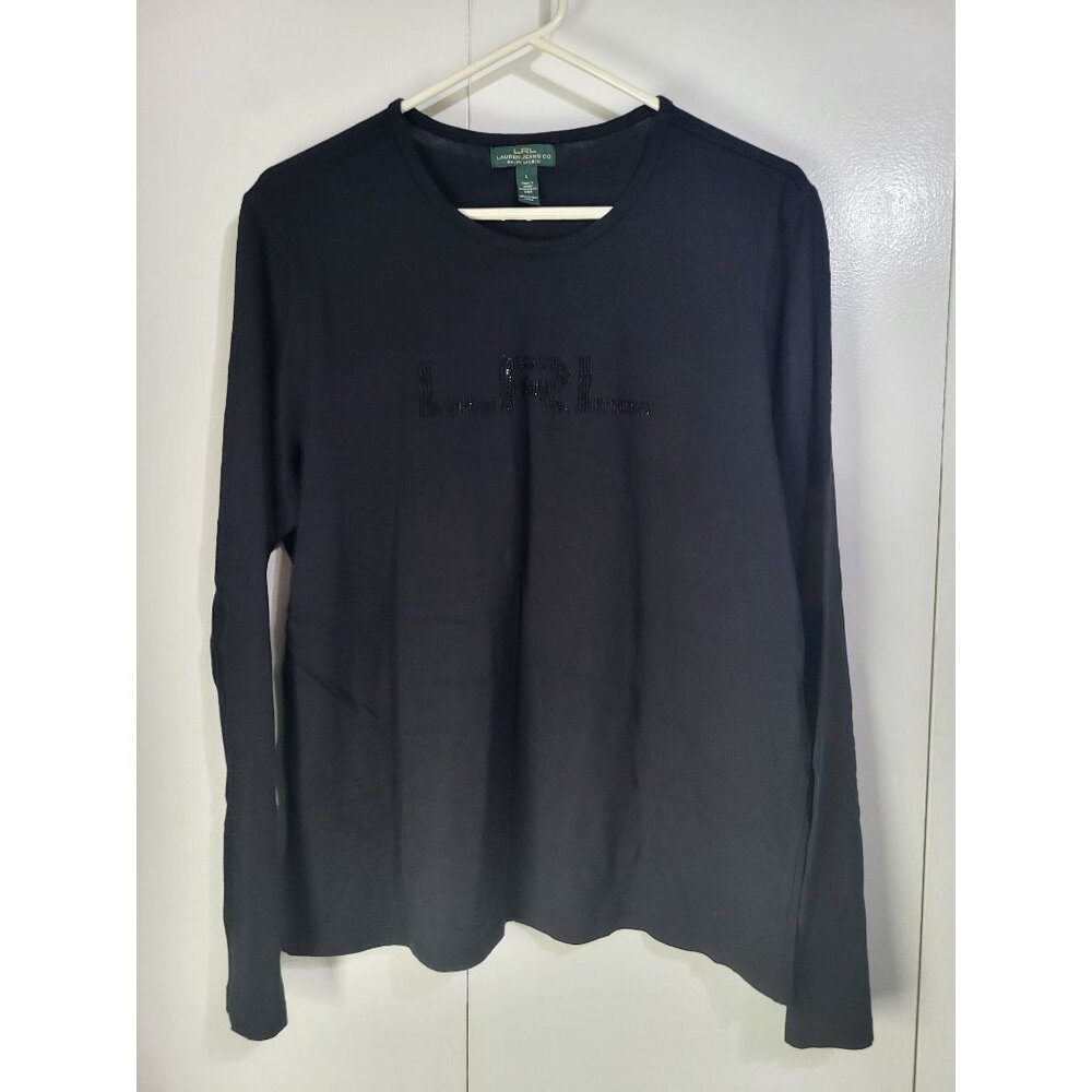 LRL Lauren Ralph Lauren Women's LG Black Sparkle Logo Long Sleeve T Shirt y2k - Picture 2 of 7